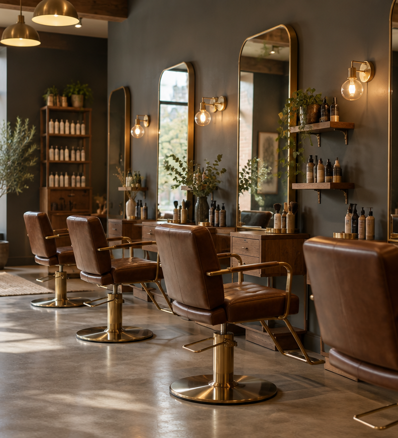 Interieur van Kapsalon De Meester met kappersstoelen en spiegels