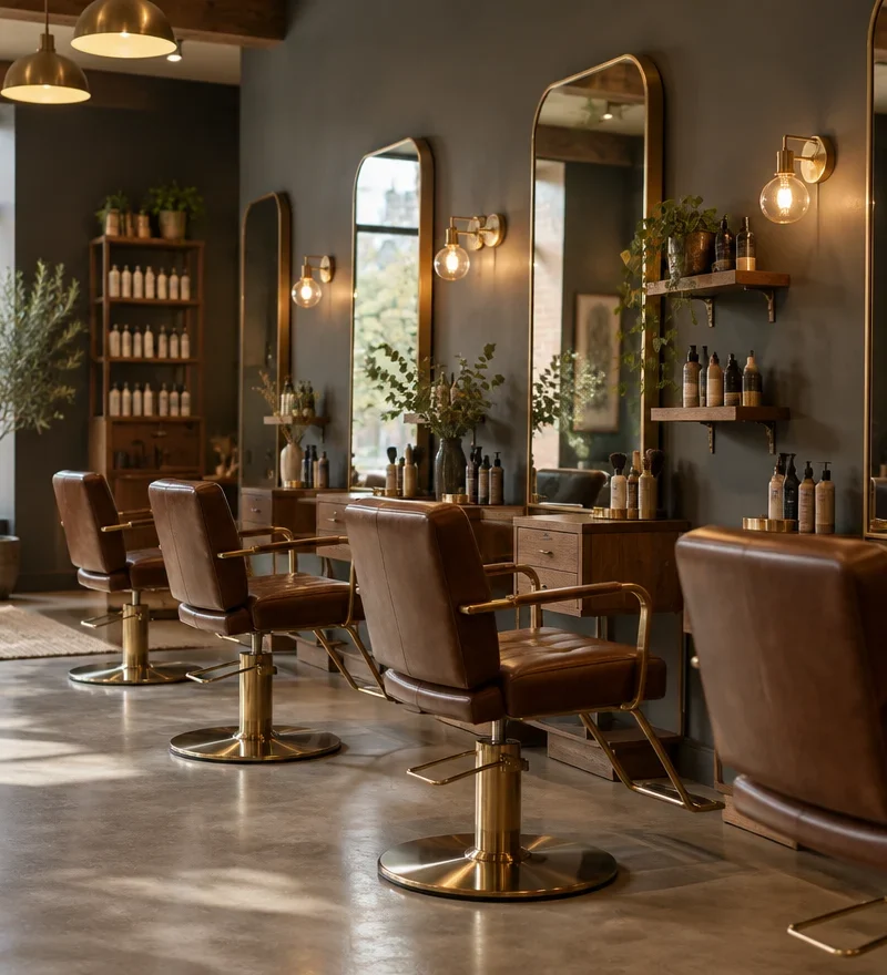 Interieur van Kapsalon De Meester met kappersstoelen en spiegels
