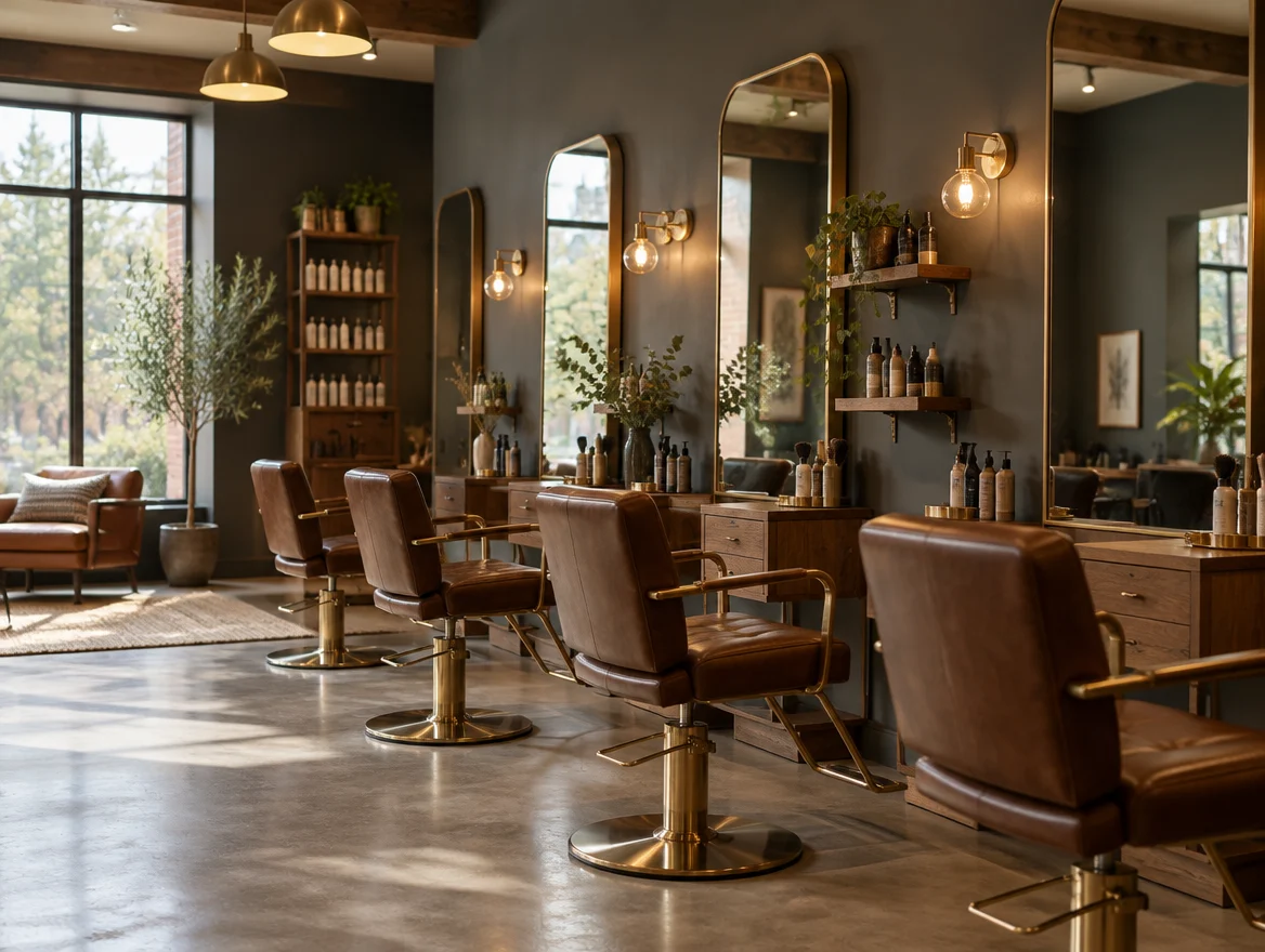 Interieur van Kapsalon De Meester met kappersstoelen en spiegels