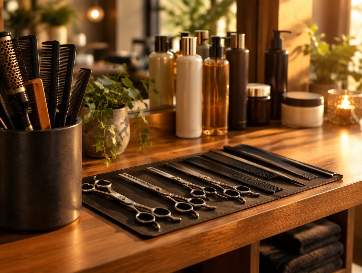 Stylingstation met scharen, kammen en haarverzorgingsproducten