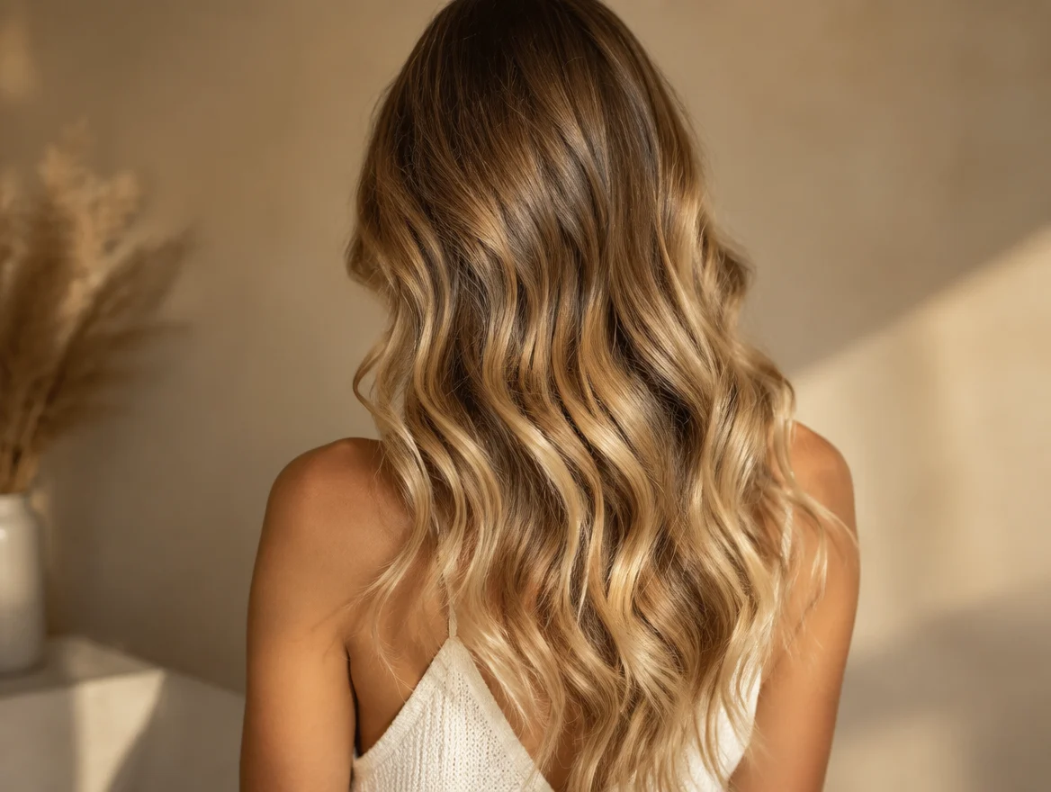 Achteraanzicht van glanzend haar met balayage highlights