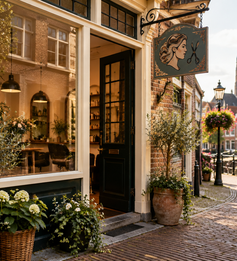 Gezellige voorgevel van de kapsalon met planten bij de ingang