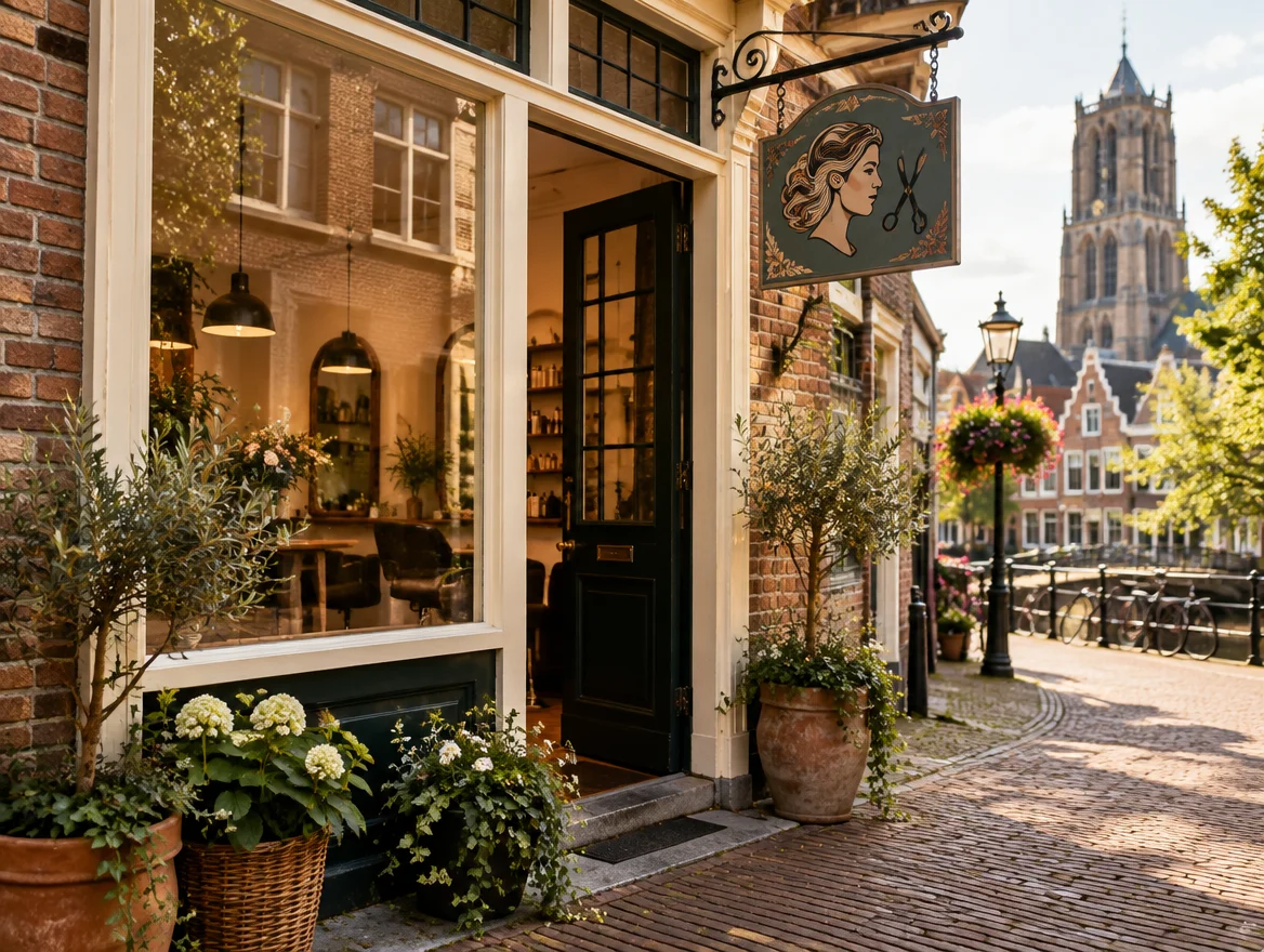 Gezellige voorgevel van de kapsalon met planten bij de ingang