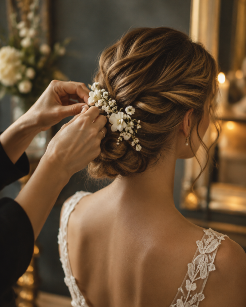 Elegant bruidskapsel afgewerkt met kleine witte bloemen