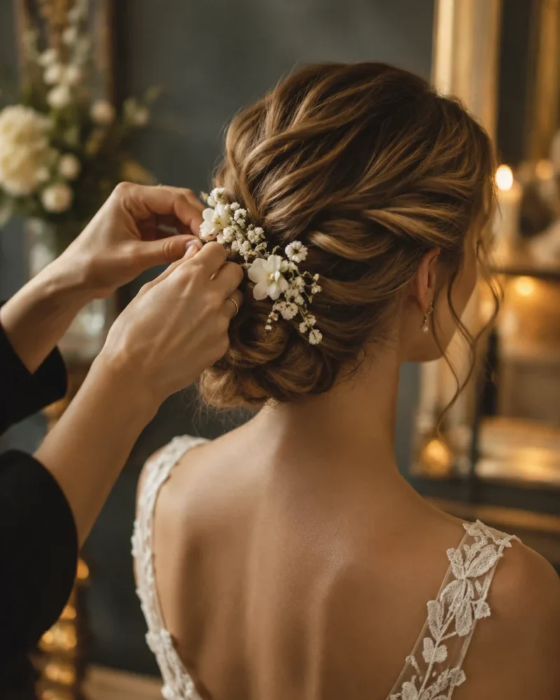 Elegant bruidskapsel afgewerkt met kleine witte bloemen