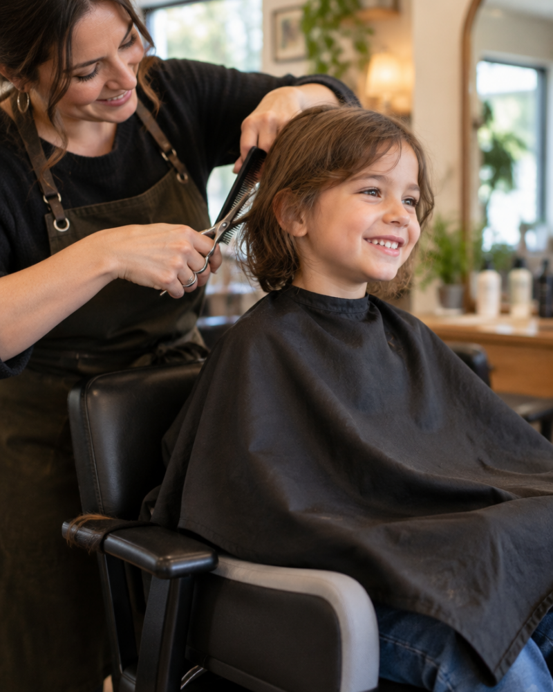 Glimlachend kind krijgt een knipbeurt bij Kapsalon De Meester
