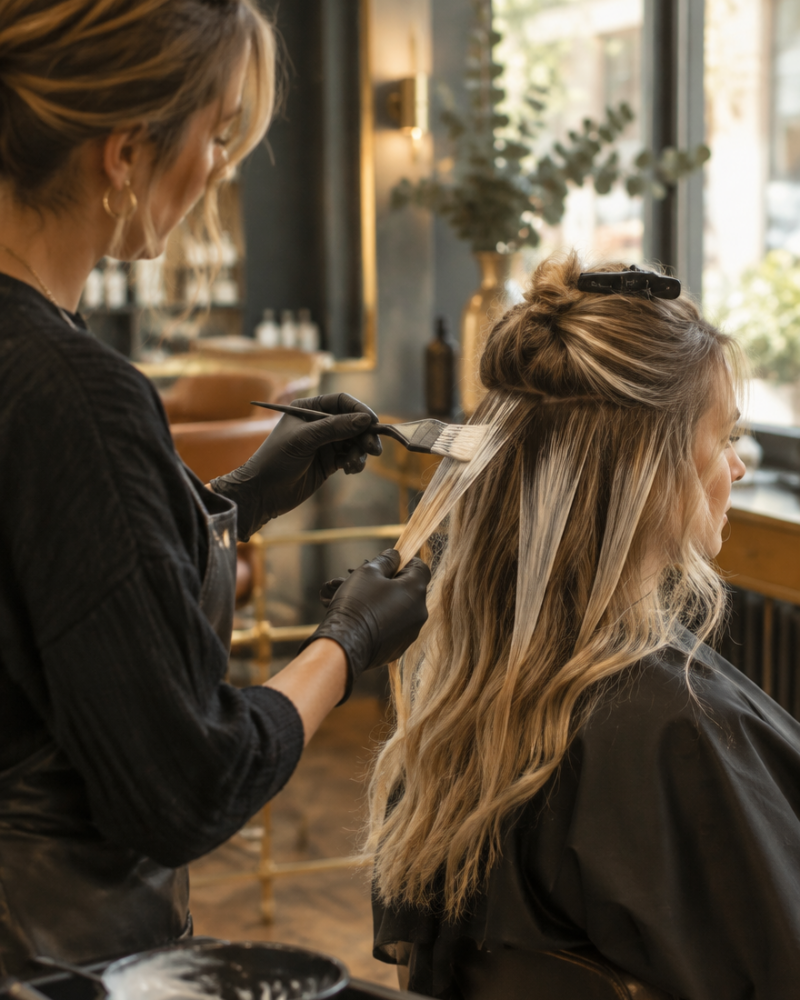 Kapper brengt balayage highlights aan bij een klant