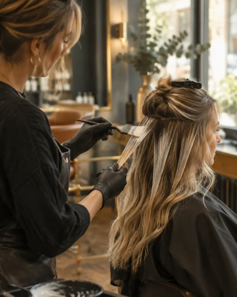 Kapper brengt balayage highlights aan bij een klant