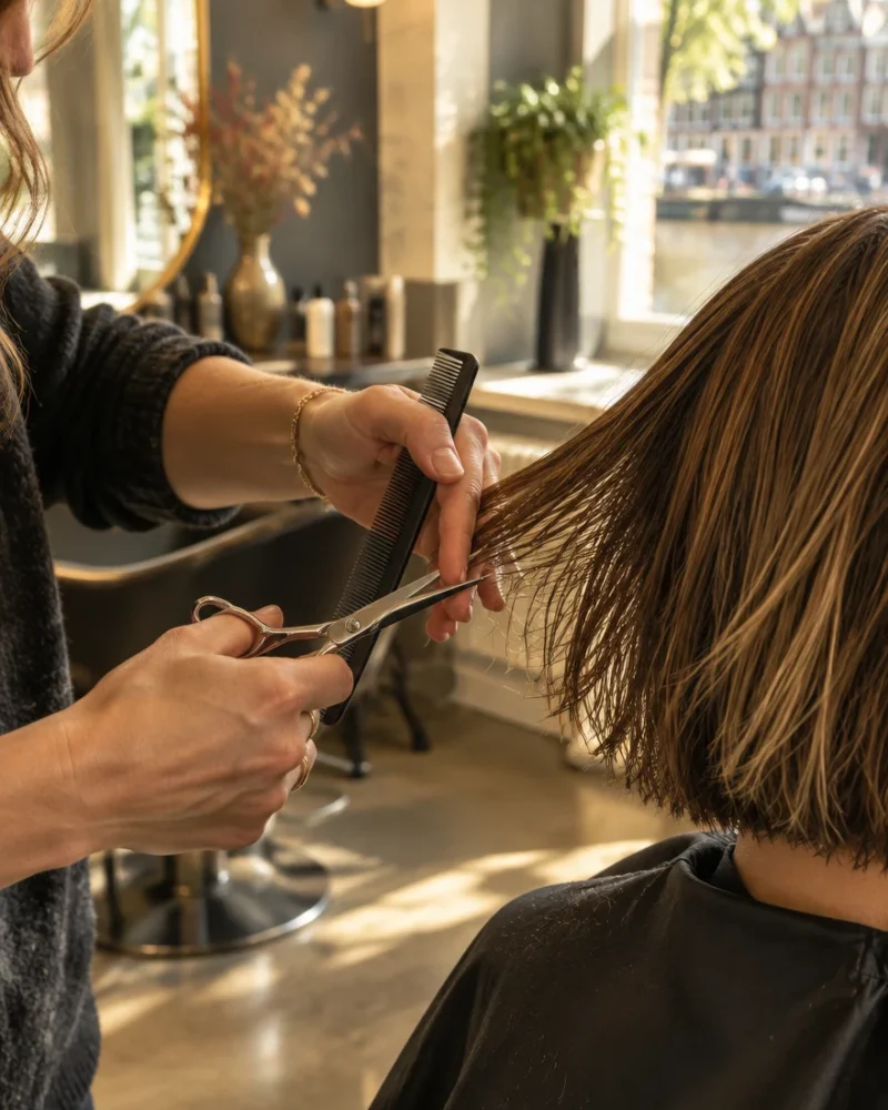 Close-up van een kapper die haar knipt met een schaar